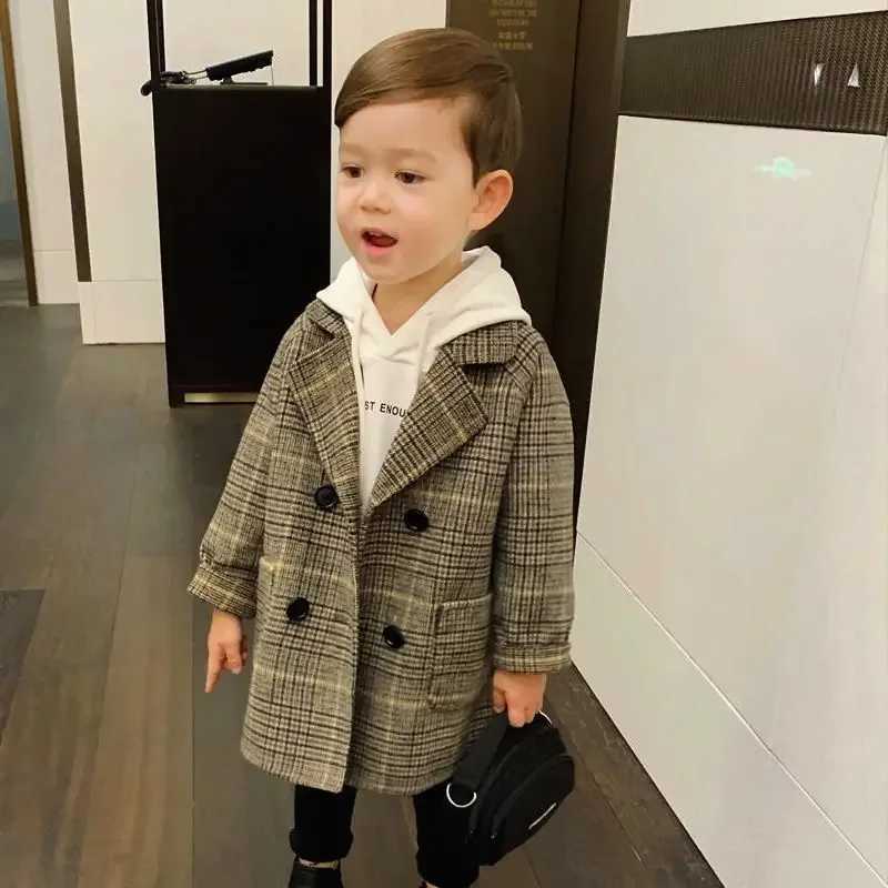 Winter grid jacket for boys and girls wool double-layer baby trench coat lapel childrens coat wool coat winter coat W241023