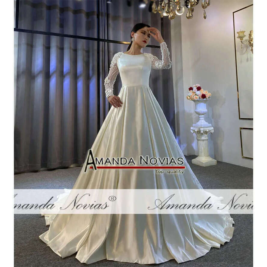 Simple Elegant Plain Satin Wedding Dress With Long Sleeves Real Work Photo
