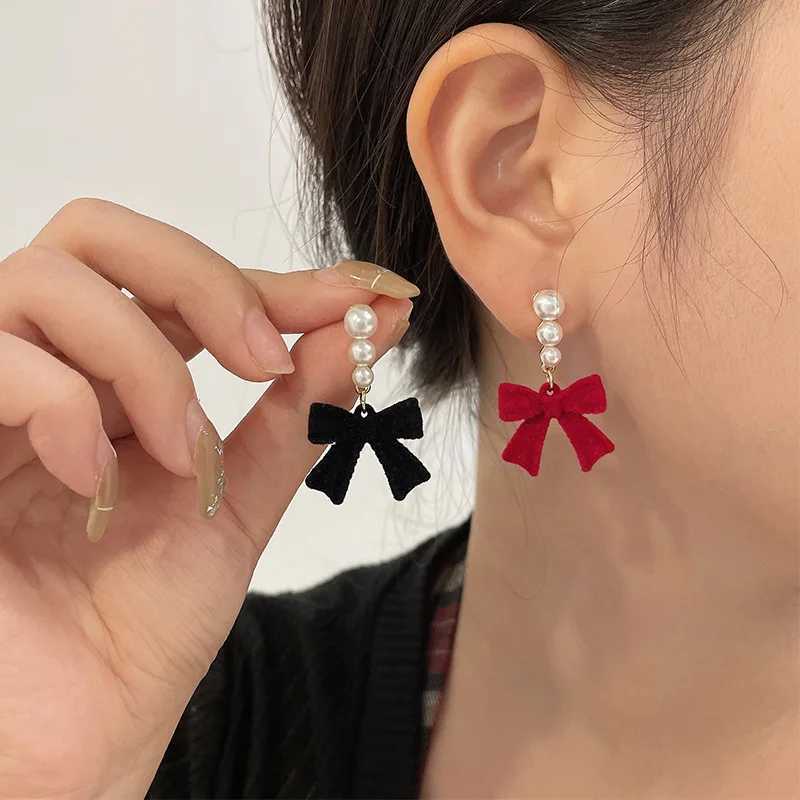 Red and black bow earrings suitable for women simulated pearl cloth bow earrings jewelry earrings exquisite gifts W241023