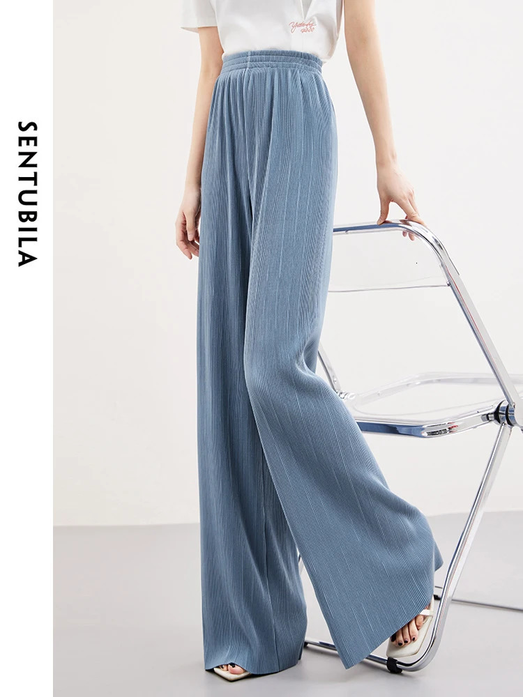 SENTUBILA Blue Elegant High Waist Wide Leg Pants Spring/Summer Elastic Waist Straight Loose Womens Trouser 141K53093 241023