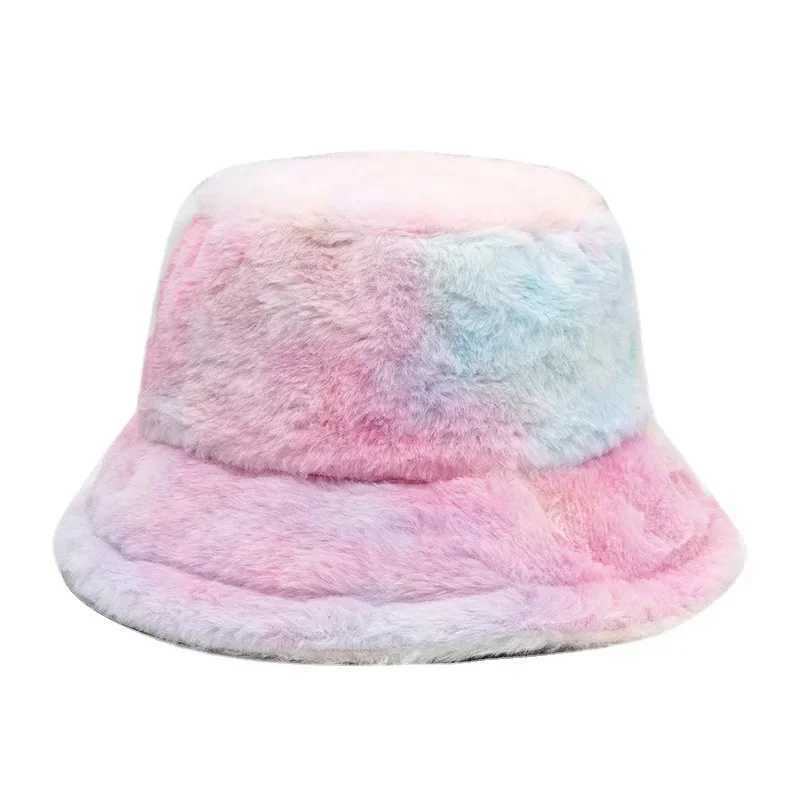 2023 Winter Tie Dye Artificial Fur Fluffy Thick Bucket Hat Warm Outdoor Keeping Warm Hat Soft Fishermans Hat Womens Fashion Panama Fem X241023