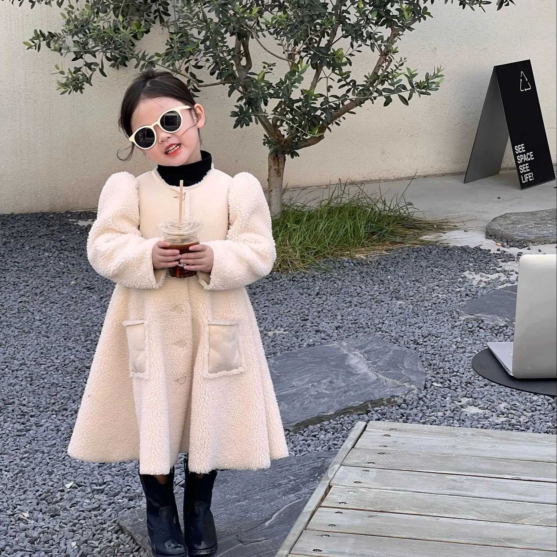 Fashionable womens dress jacket long baby and toddler puff sleeve jacket wool splicing work baby jacket baby clothing 1-10Y W241023