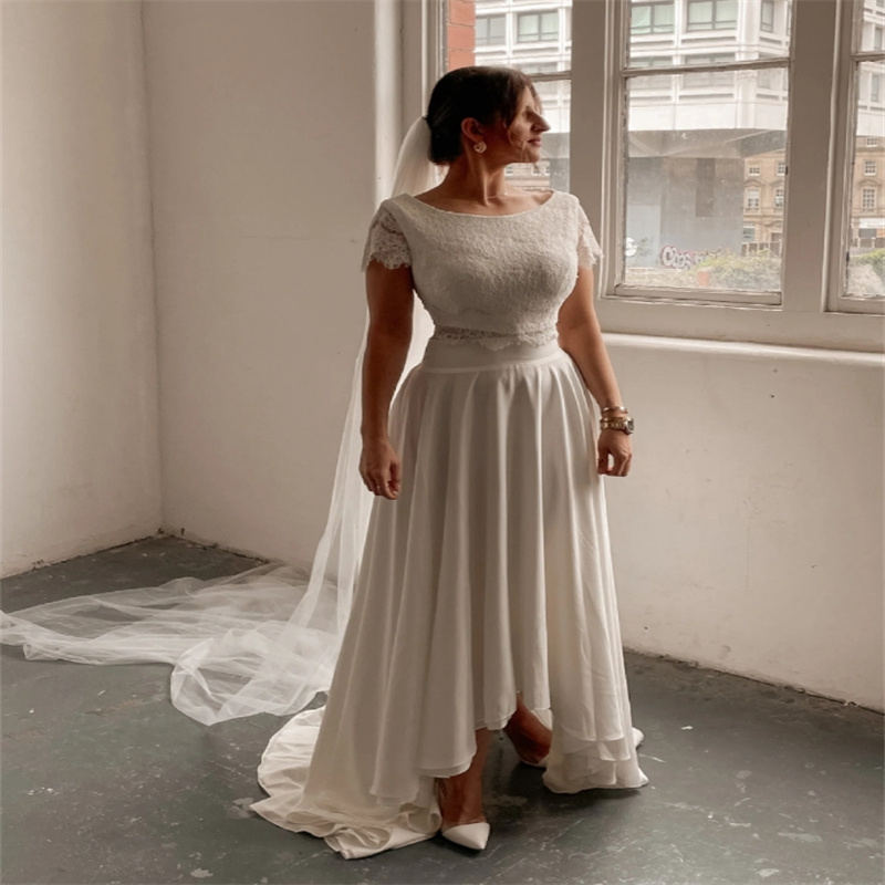 Civil Boho Two Pieces Wedding Dresses 2025 Short Sleeve Lace Chiffon Beach Bride Dress Plus Size Bohemian Country Rustic Bridal Country Vestio De Novi