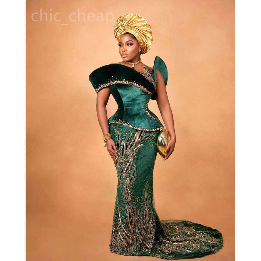Aso Ebi Dark Green Mermaid Prom Dress Beaded Sequined Lace Veet Evening Formal Party Second Reception Birthday Engagement Gowns Dresses Robe De Soiree