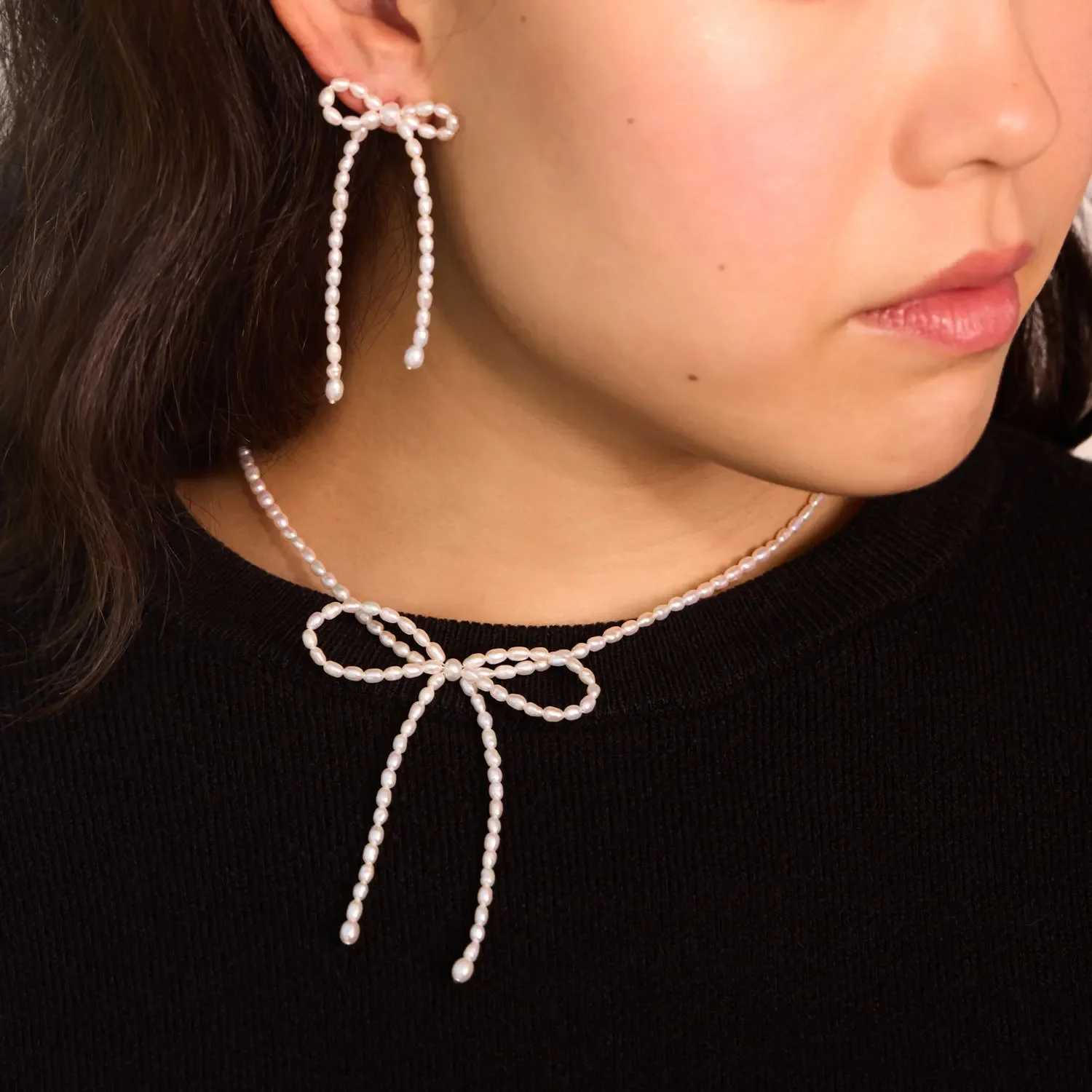 New imitation pearl earrings necklace tassel style bow pendant necklace trend necklace Y2K jewelry W241023