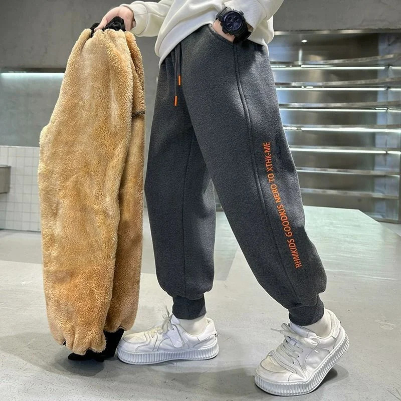 Boys Lambswool Thick Pants Winter Children Plush Velvet Cotton Trouser Childrens Sports Pants Youth Warm Snow Clothes 5-14Y 241024