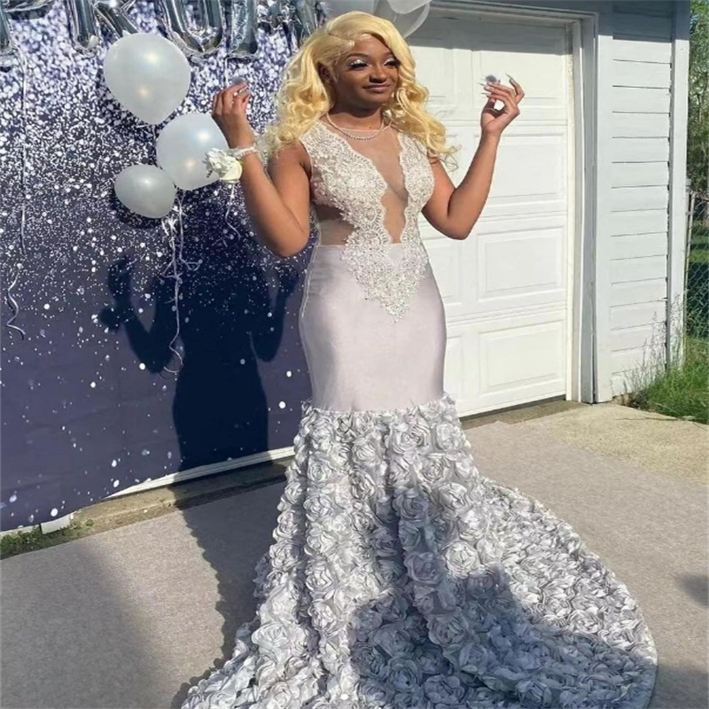 Silver Black Girls Prom Dresses Elegant Rose Florals Mermaid Evening Dress 2025 Appliques Lace Nigeria African Birthday Party Vestio De Fiesta Gorgeou