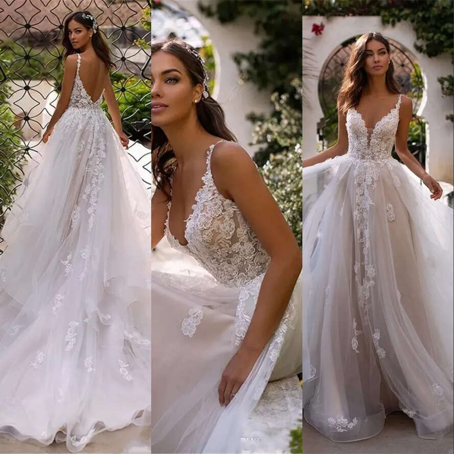2021 Sexy Bohemian Country Beach A E Wedding Dresses Bridal Gowns Champagne Spaghetti Straps Keyhole Lace Appliques Tulle Ruffles Open Back Boho Garde