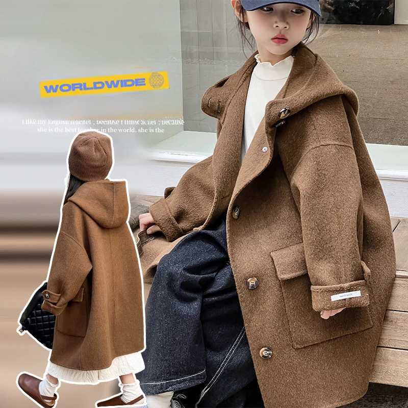 Autumn and winter girls coat double-sided wool coat childrens brown fashionable loose casual long coat youth clothing W241023