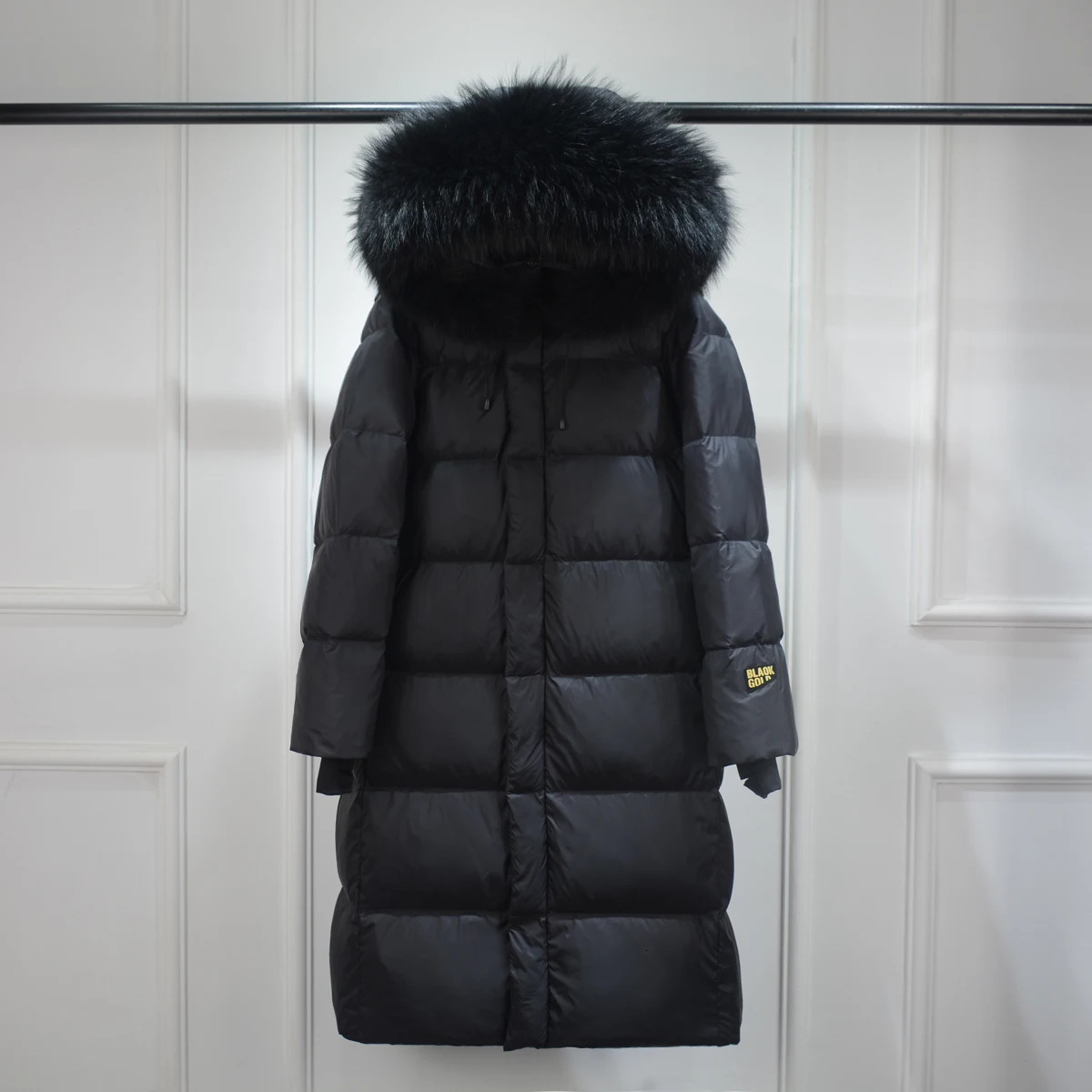 Lagabogy Winter Womens Long Inflatable Jacket Raccoon Fur Collar Thick Hooded Parka Womens Black Waterproof Down Jacket 241023