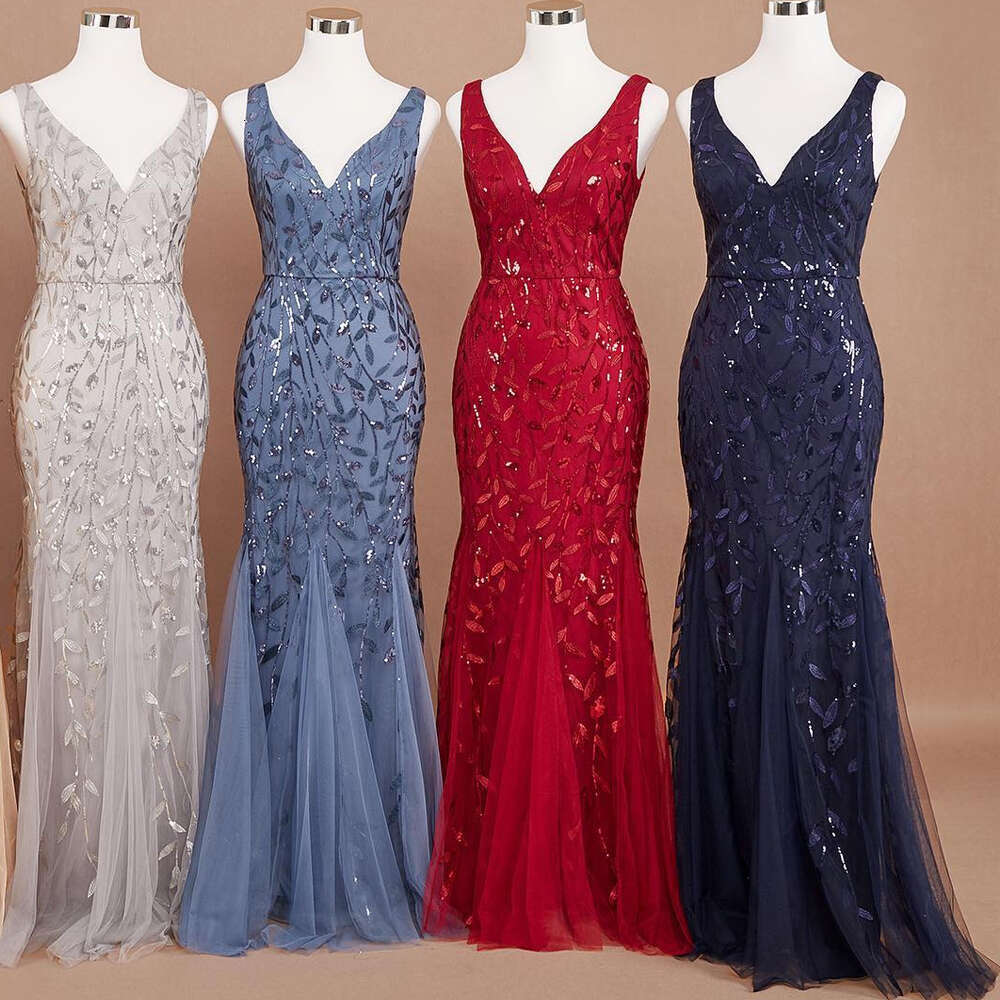 2023 JINZUO Sleeveless V-neck Tulle Sequins tail Dresses V-back Mermaid Party Prom Gowns Plus dresses woman party night