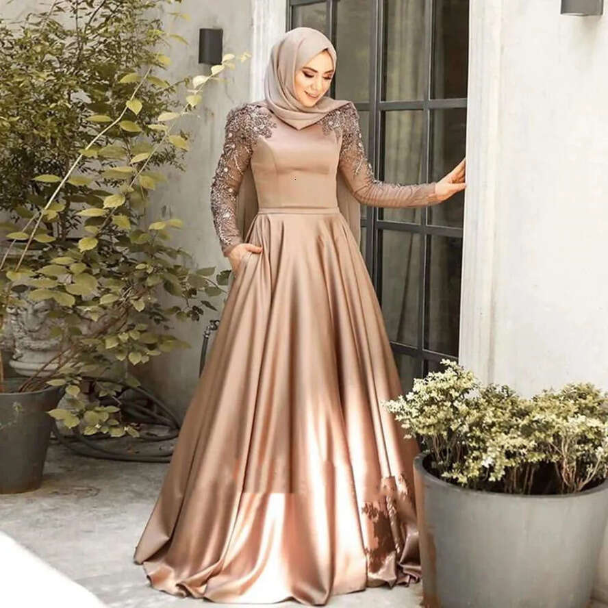 Evening Arabic Dresses For Women Beaded Long Sleeves Prom Dress With Pockets Ruched Satin A E Robe De Marrige