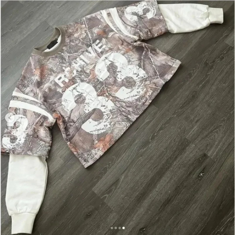 Fashion splicing floral mens top Y2K Harajuku retro loose casual splicing long sleeved letter printed T-shirt 241024