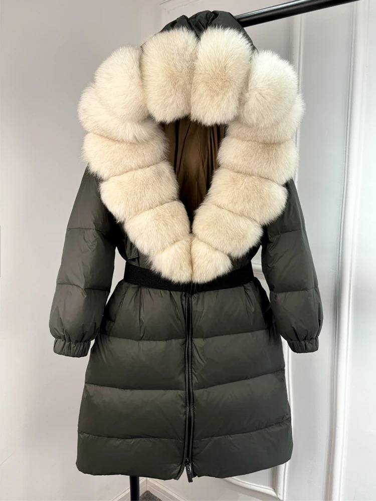Lagabogy Winter Inflatable Jacket Womens Fox Fur Hooded Collar Thick Warm White Down Jacket Loose Coat 241023