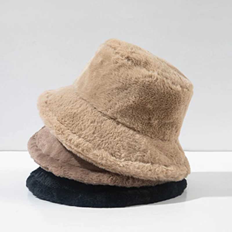 Soft winter plush warm bucket hat suitable for warm girls solid color foldable wide brown Panama hat outdoor windproof travel basin hat X2410231