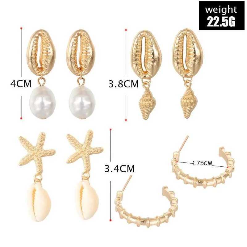 4 pairs of Bohemian shell starfish pendant earrings set for womens summer beach pearl conch pendant geometric earrings for girls fashion jewelry W2410