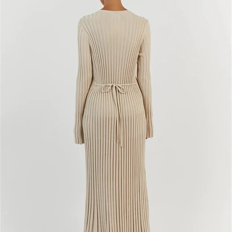 Tossy LaceUp Female Knit Maxi Dress Autumn High Waist Fashion Patchwork Long Sleeve Loose Solid Bandage Knitwear 241007