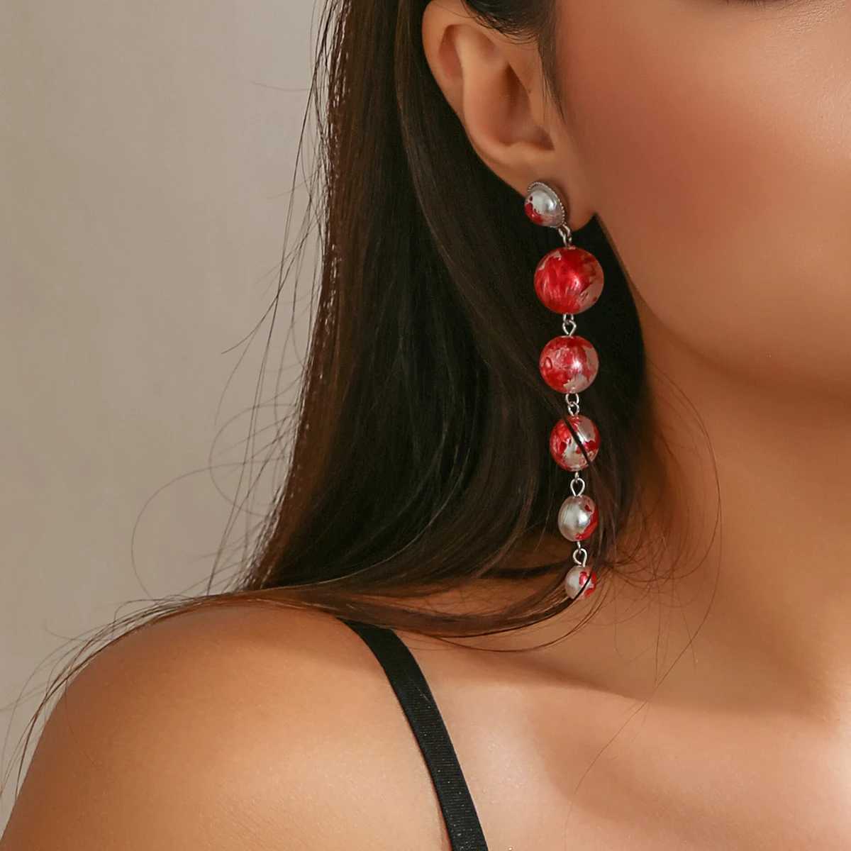 Goth Red Imitation Pearl tassel Pendant Earrings for Womens Wedding Brides Retro Pendant Earrings Halloween Jewelry Accessories W241023