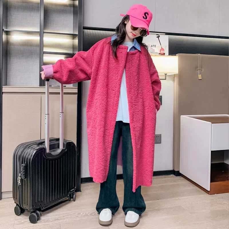 Girls fur coat autumn long wool coat youth coat rose casual loose childrens clothing 12 13 14 years old W241023