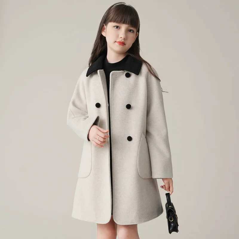 Girls wool coat with a collar 2023 beautiful and warm thick winter and autumn youth mid length clothing W241023