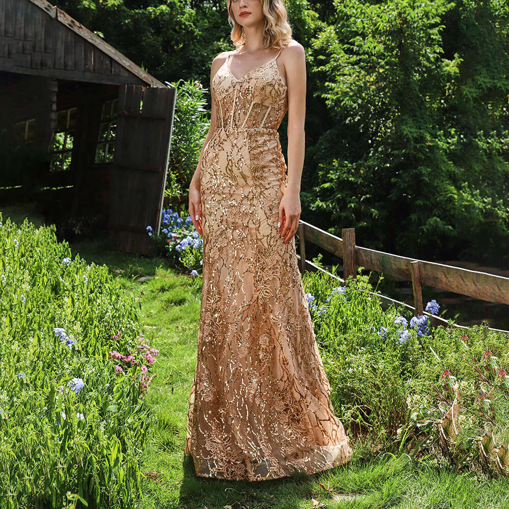 Gold Slim Fit Fishtail V Neck Camisole Wedding Bridesmaid Graduation Social Evening Dress