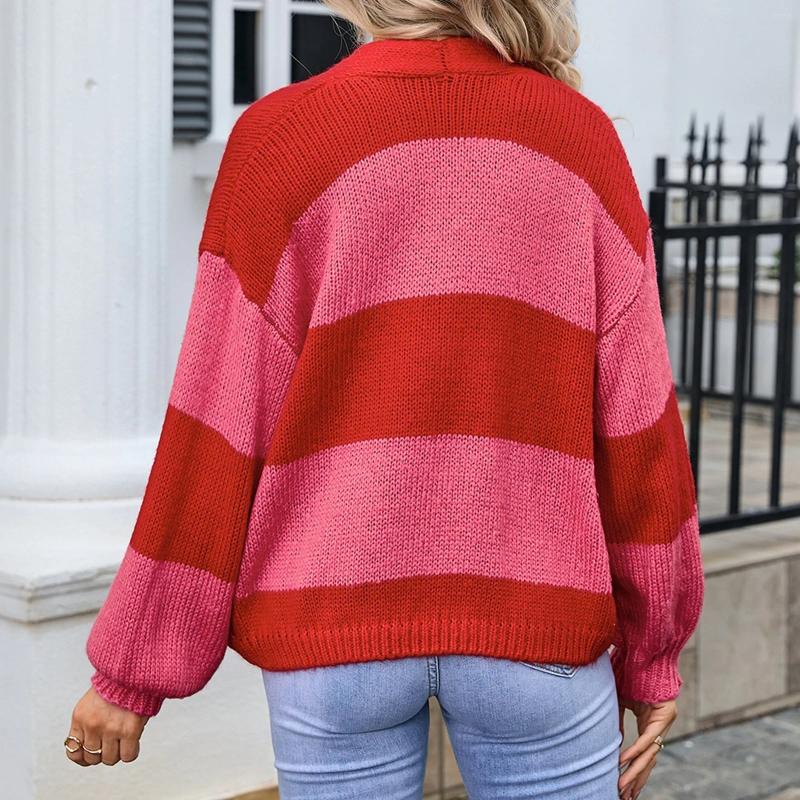 Women's Knits Color Matching Large Size Cardigan Sweater Lantern Sleeve Fashion Casual Coat Elegant Trend Coats