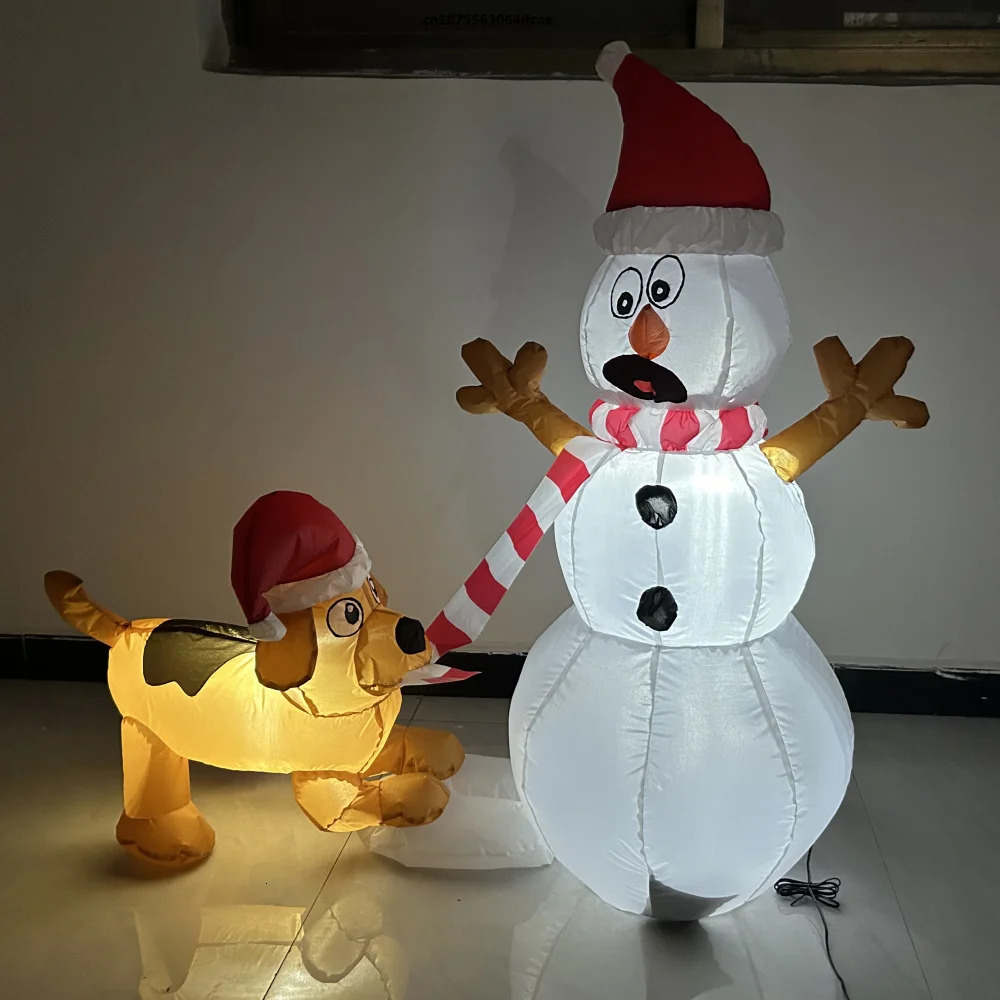 1.1M Christmas inflatable dog bite snowman scarf with built-in LED lights for party decoration outdoor courtyard lawn garden decoration 241024