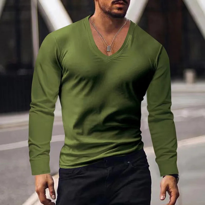 Spring/Summer/Autumn Mens T-shirt Casual Long Sleeve Fitness Solid Sexy V-neck Mens T-shirt 241024