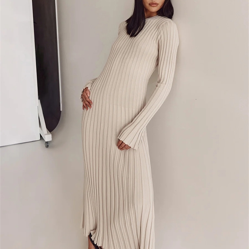 Tossy LaceUp Female Knit Maxi Dress Autumn High Waist Fashion Patchwork Long Sleeve Loose Solid Bandage Knitwear 241007