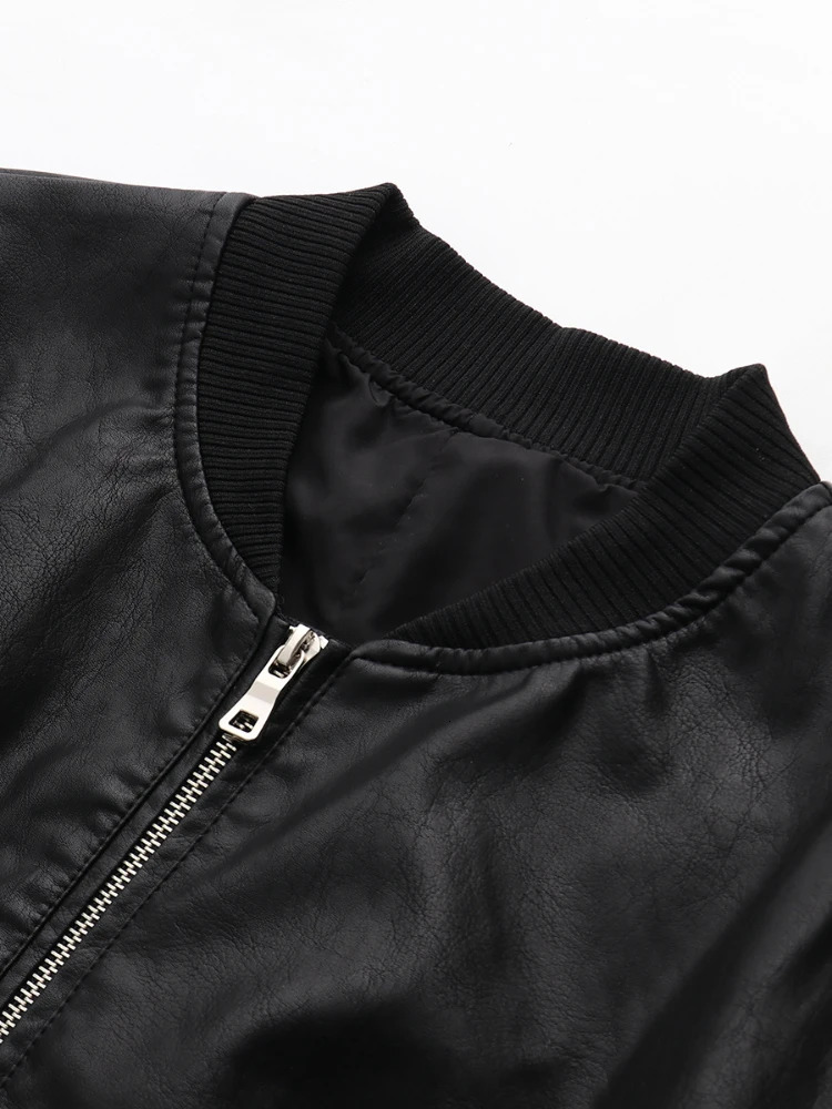 ZBZA Women's PU Leather Jacket Coat Solid Long Sleeves Crew Neck Zipper Pocket Bomber Short Outerwear Fall Winter New Female Top