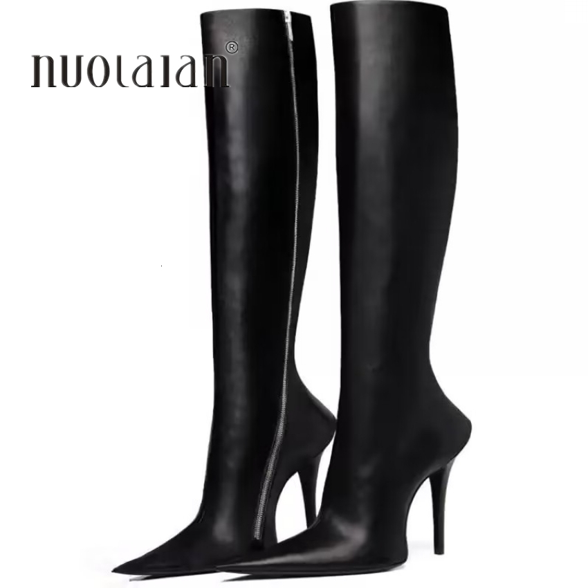 Brand Fashion Knee Zip Pointed Toe Footwear 10Cm High Heels Female Long Boots Party Shoes Women 2023 New Winter