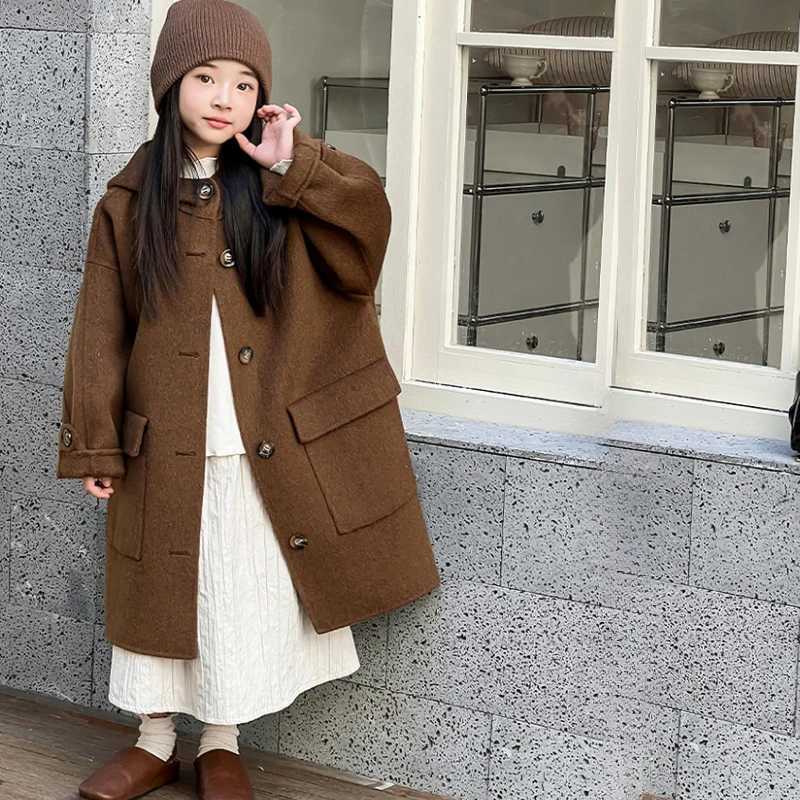 Autumn and winter girls coat double-sided wool coat childrens brown fashionable loose casual long coat youth clothing W241023