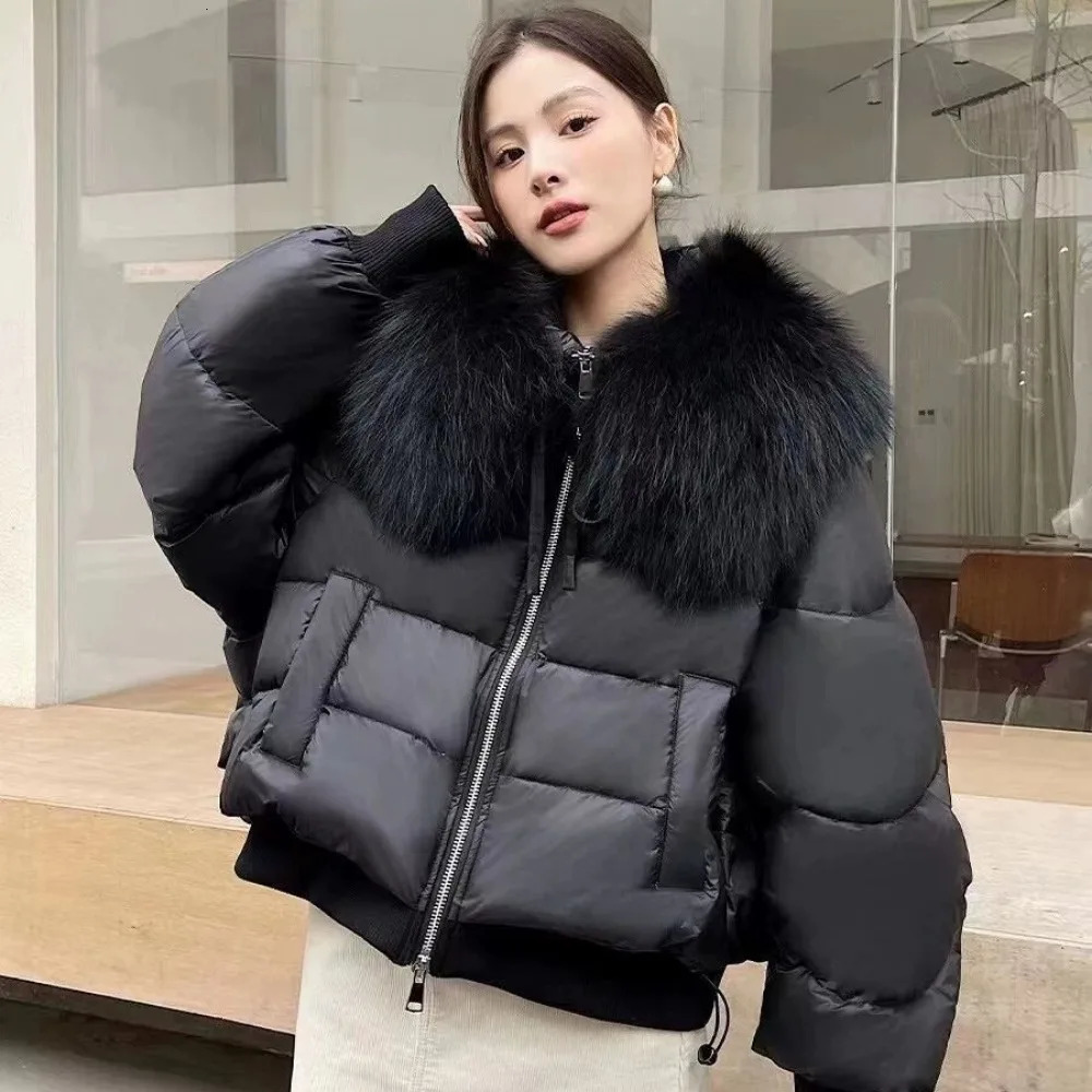 genuine fur leather jacket natural raccoon fur coat womens thick Parka loose short white duck coat winter inflatable jacket 241023