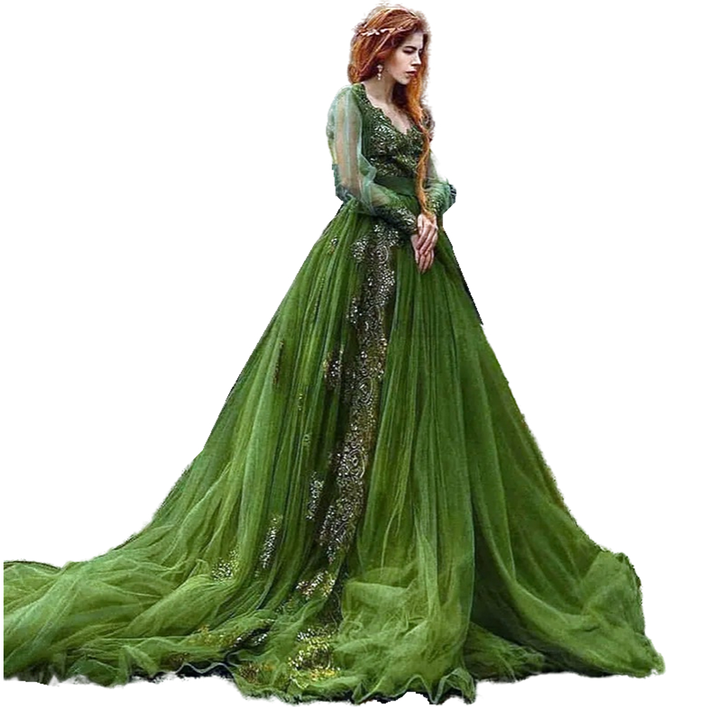 Grass Green Tulle A Line Wedding Dresses Long Sleeves V-Neck Lace Appliques Vintage Fantasy Bridal Gown Court Train Outdoor Vestido De Novia