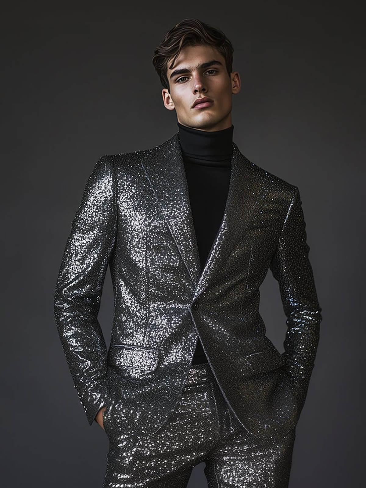 Bright Sequined Men Wedding Tuxedos Black Peaked Lapel Tailored Pants Suits Birthday Party Prom Groom Wear 2 Pieces