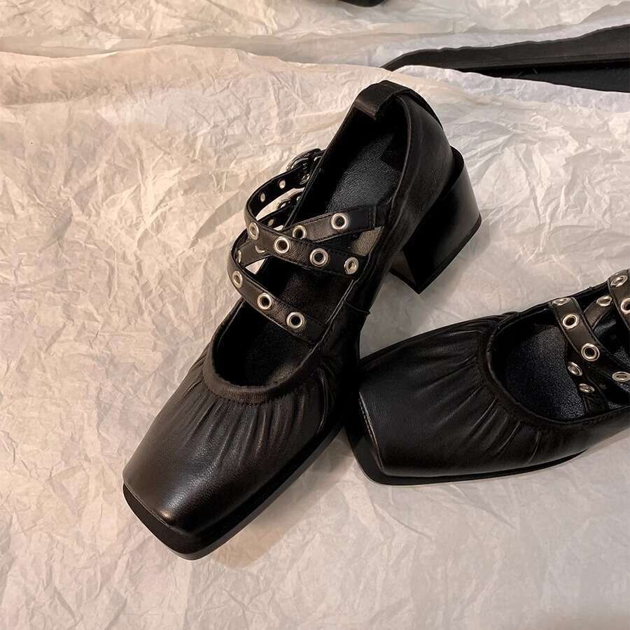 Designer Shoe Sheepskin Edition~French Retro Square Head Ballet Shoes Women's Coarse Heel Dark Cross Strap Fashion Mary Jane Shoes Genuine Leathe