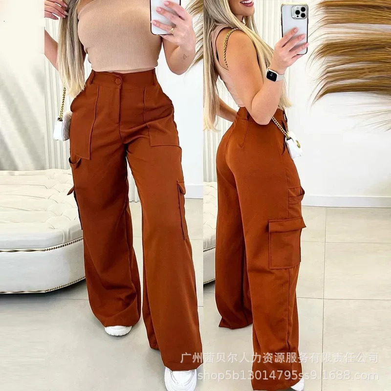 Wide Leg Trousers Solid Color Street Clothing Fashion Product Pants Womens Green Casual Patch Pocket High Waist Straight Pants 241023