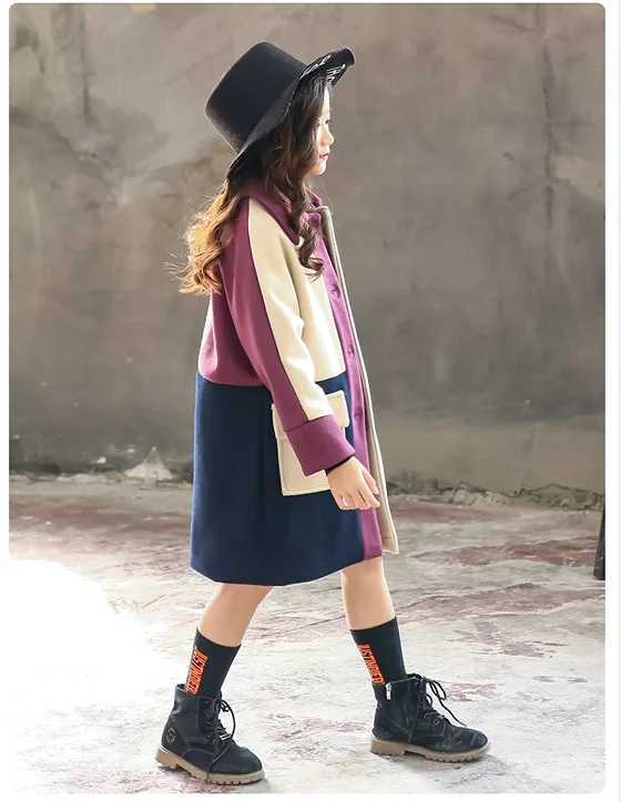 Girls hot selling patch work wool jacket autumn thick warm trench jacket 4-12 years childrens clothing big childrens fashion park W241023