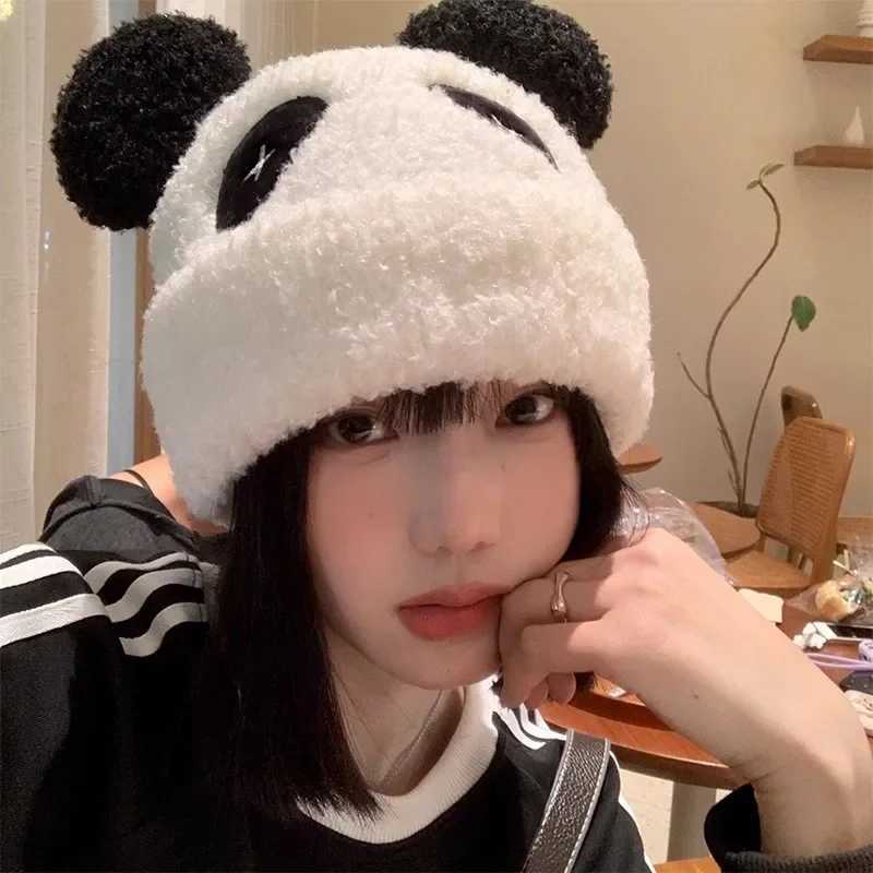 Winter cartoon panda hat for warm 2023 new fashion panda ear fur fluffy hat Sklies Beanies hat warm winter warm thick hat X241023