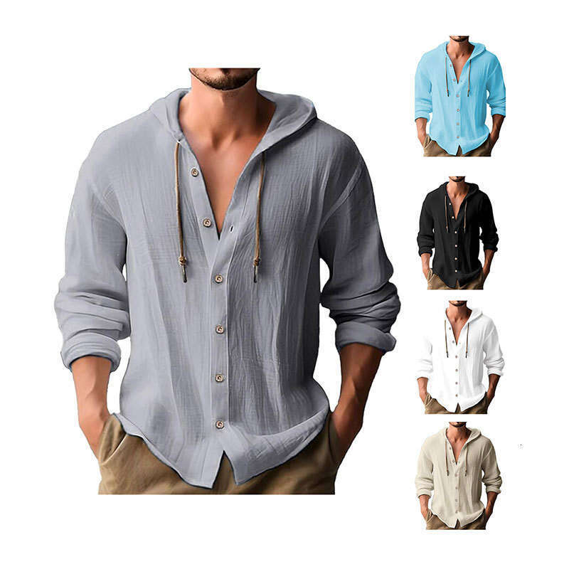 Cross border 2024 new spring/summer men's hooded T-shirt solid color cotton linen men's casual long sleeved top