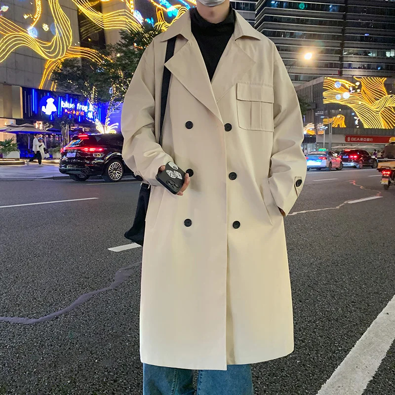 Solid Casual Korean Coat Male style Autumn Trench Pocket Decor Streetwear Windbreaker Trenchcoat Men Loose Office Overcoat 241010