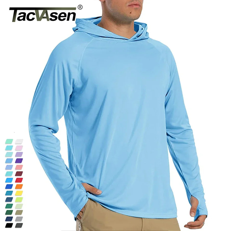 TACVASEN sunscreen T-shirt mens long sleeved hooded casual UV resistant T-shirt breathable lightweight quick drying mens T-shirt 241024
