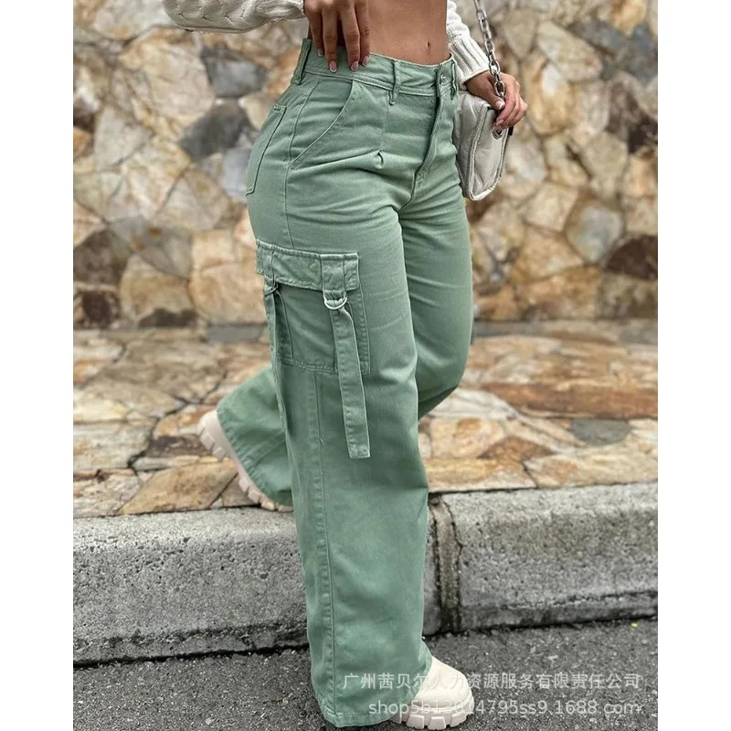 Wepbel pocket straight leg overalls pants fashion overalls womens Trouser army green casual patch solid color cargo pants 241023