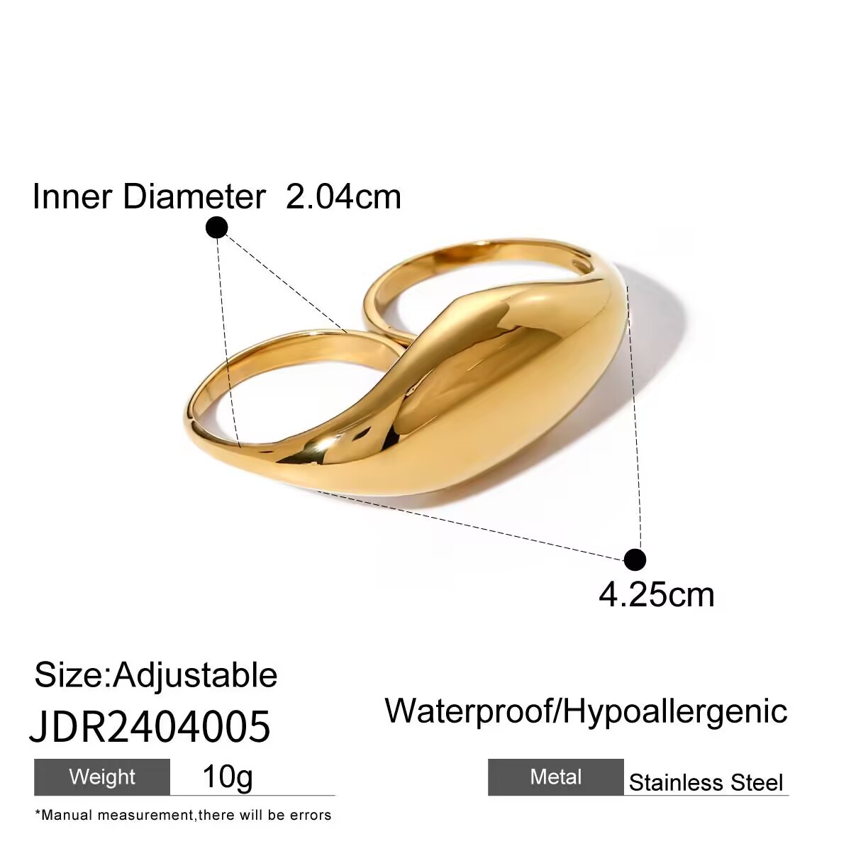 Luxury Stainless Steel 18K Gold Plated Ring Women Jewelry Fashionable Water Drop Double Finger Ring Size 7