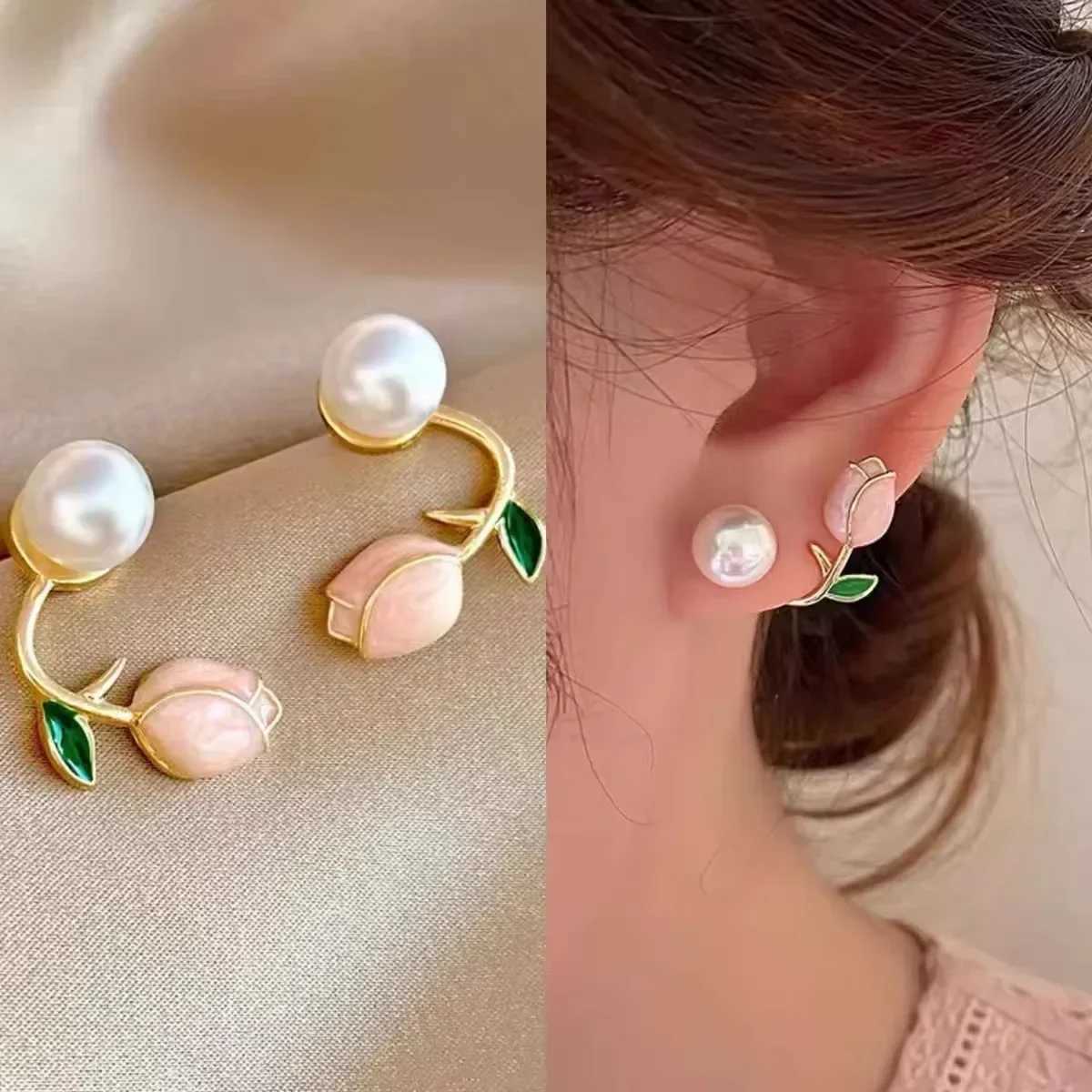 Sweet Fashion Enamel Pearl Tulip Flower Stud Earrings for Women Korean Temperament Zircon Back Hanging Earring Wedding JewelryX241023
