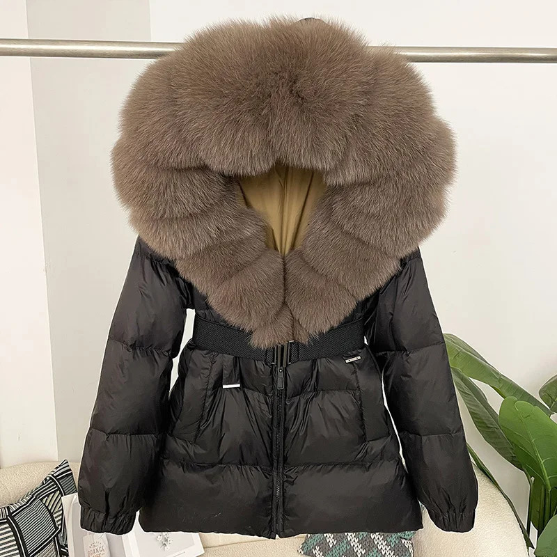 Winter womens Fox fur collar down jacket womens short warm inflatable jacket womens loose Parka 241023