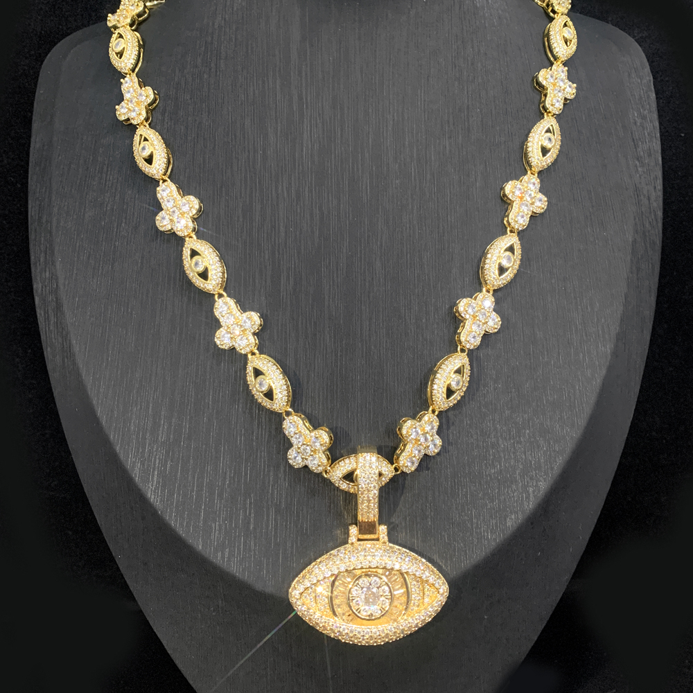 Hip Hop Cross Eye Pendant with Cuban Chain Necklace Set 5A Zircon Real Gold Plated Jewelry