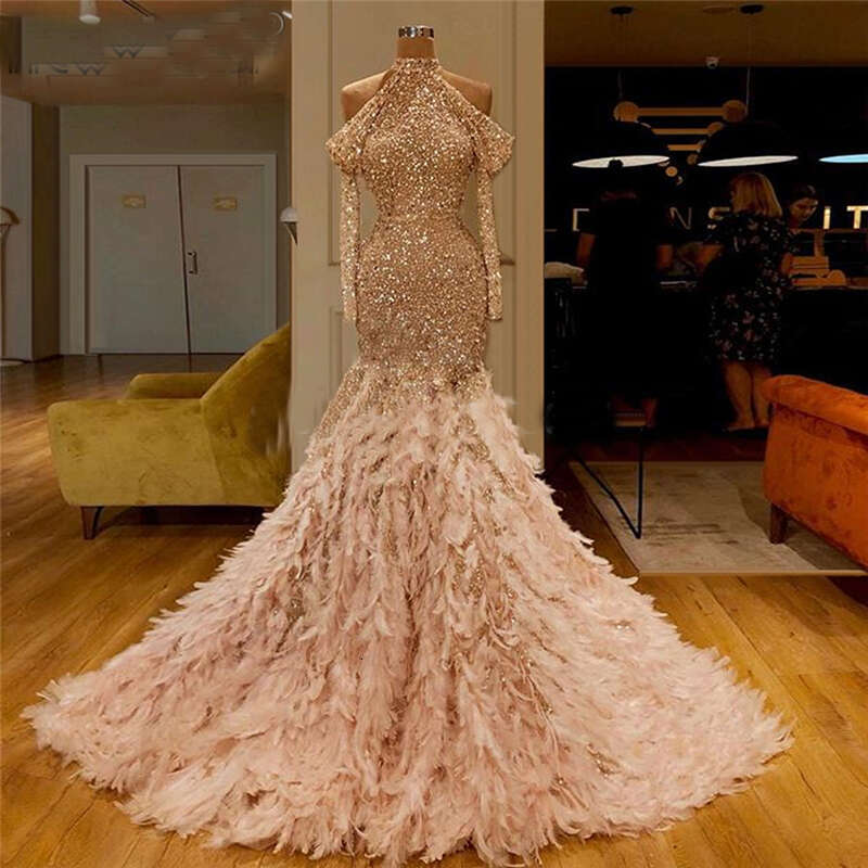 feather prom sparkly sequins glued mermaid fur long sleeve evening gowns formal dresses gold
