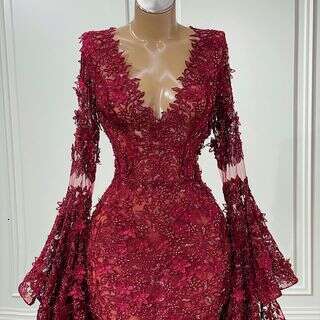 Flare Sleeve Bury Lace Mermaid Dresses Long 2021 Sexy Deep V Neck Prom Evening Party Gowns Vestido de Festa