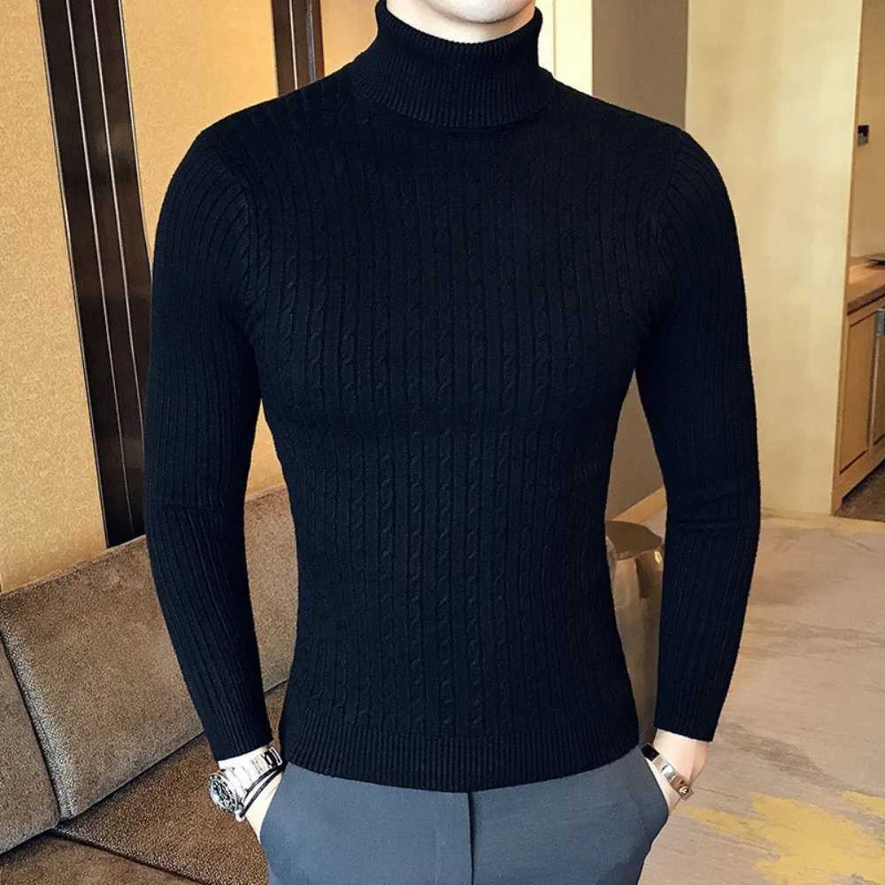 Autumn Winter Mens Turtleneck Pullovers Warm Solid Color Sweater Slim Pullover Men Knitted Sweater High Neck Thick Knitwear LX241024